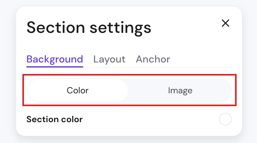 Hostinger Website Builder section settings with Background color or image toggle highlighted