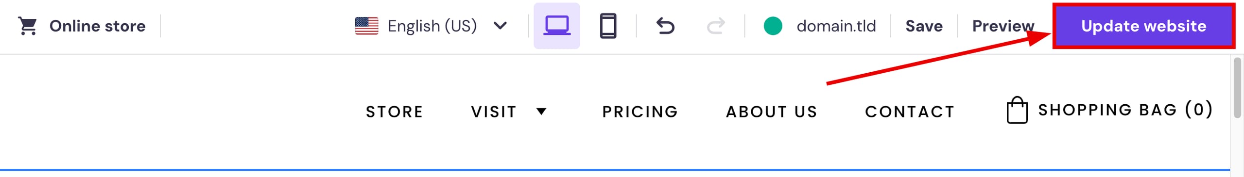 Hostinger Website Builder: highlighted Update website button in the top right corner