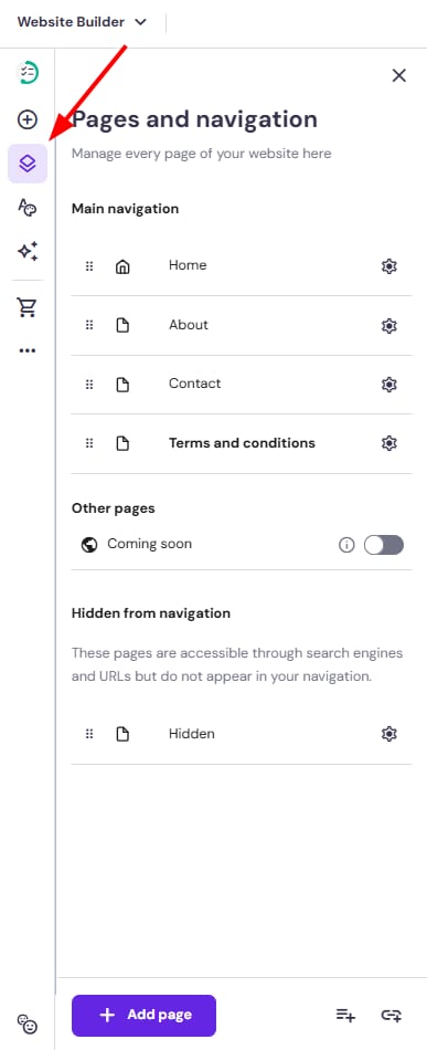 Hostinger Website Builder Pages and navigation panel, with the Pages icon highlighted in the left toolbar