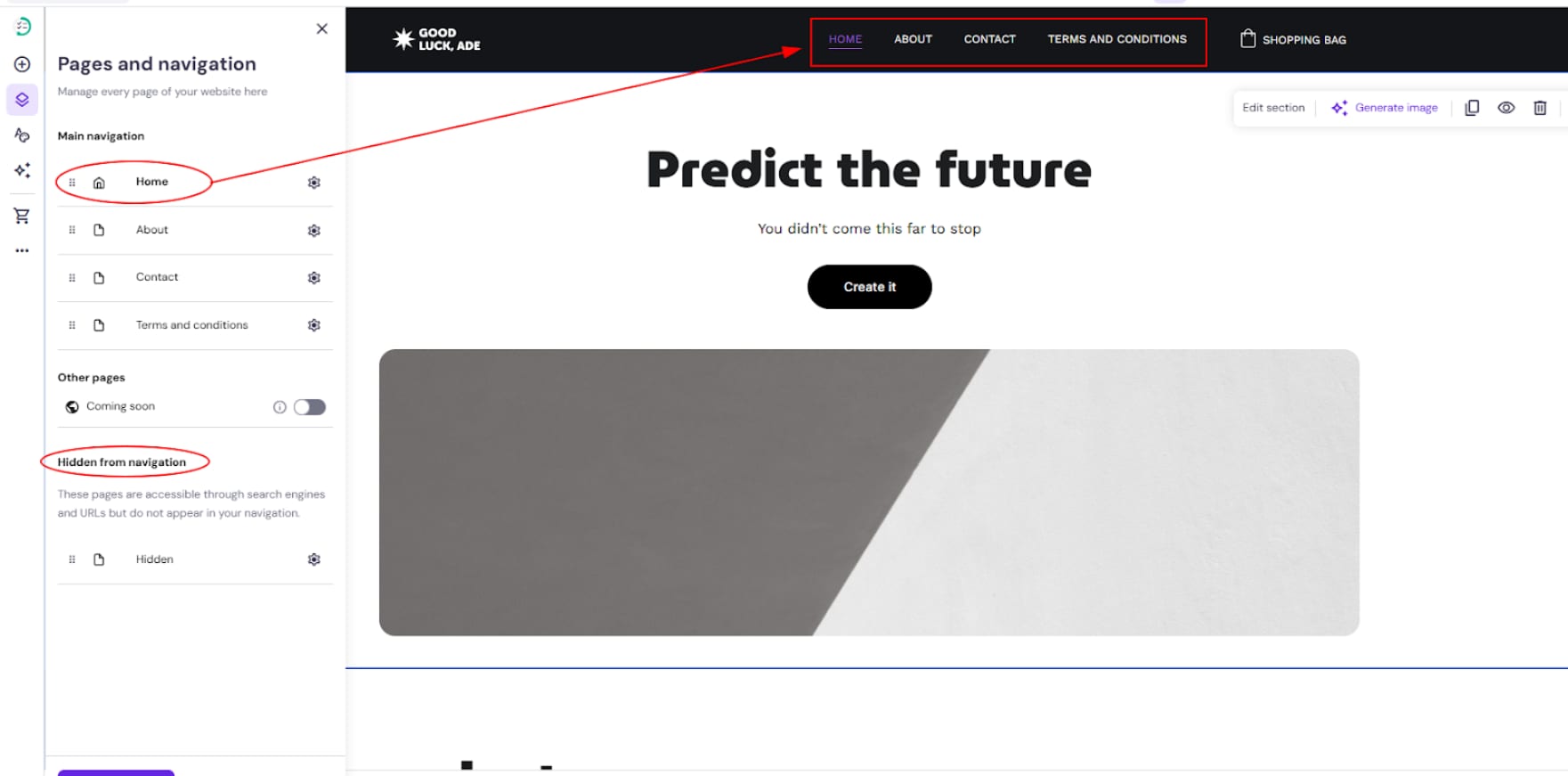 Hostinger Website Builder navigation menu with Home selected and highlighted on the top menu bar