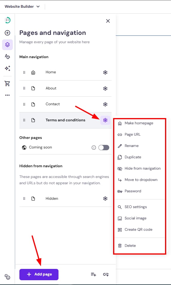 Hostinger Website Builder pages and navigation panel with the Add page button and page settings menu open