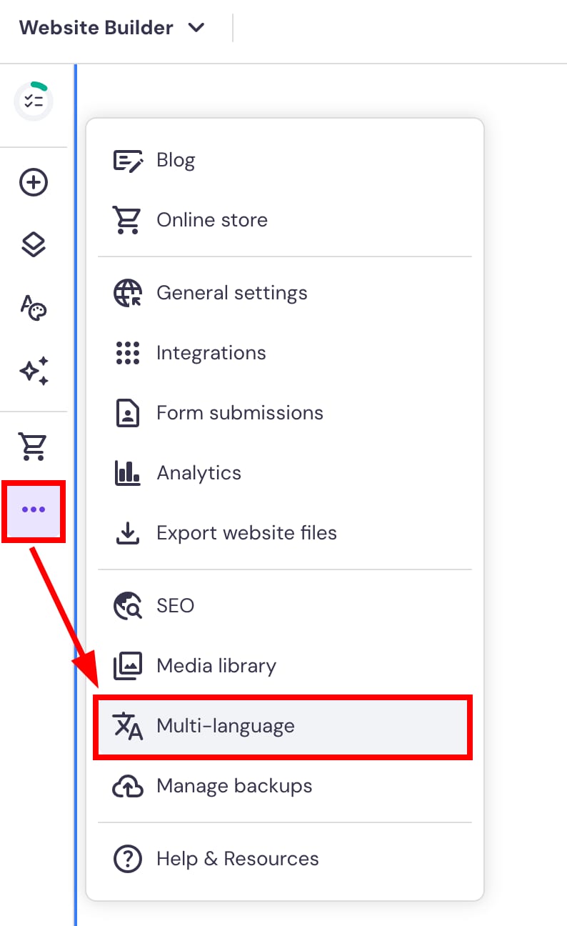 Website Builder menu with Multi-language option highlighted