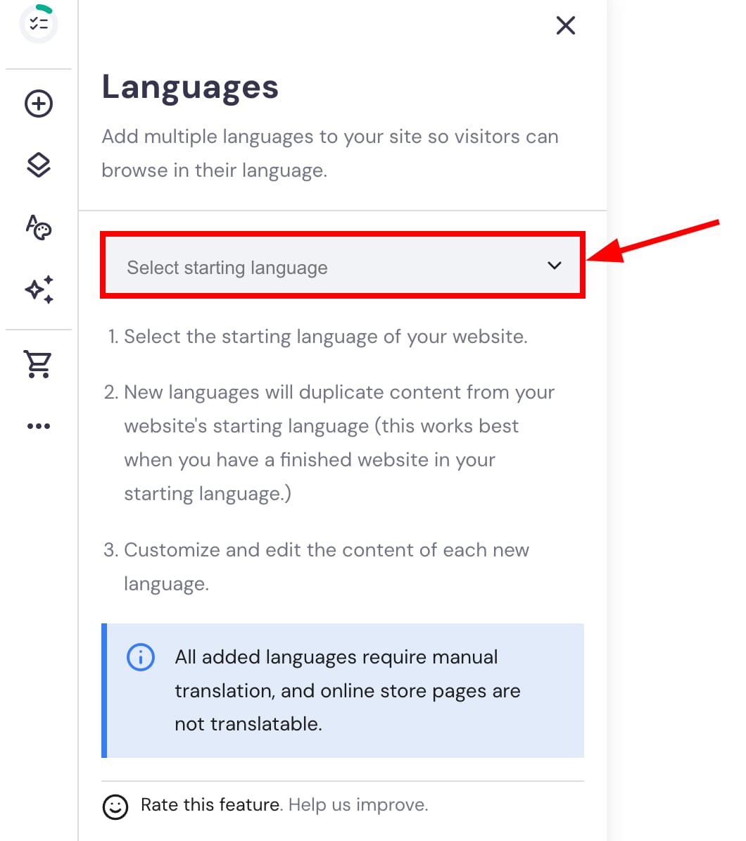 Hostinger Website Builder languages popup with the starting language dropdown highlighted