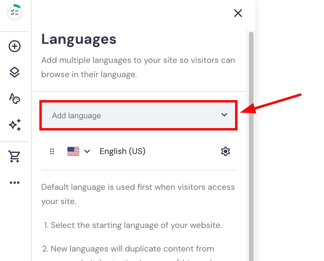 Languages panel with highlighted Add language dropdown in Hostinger Website Builder