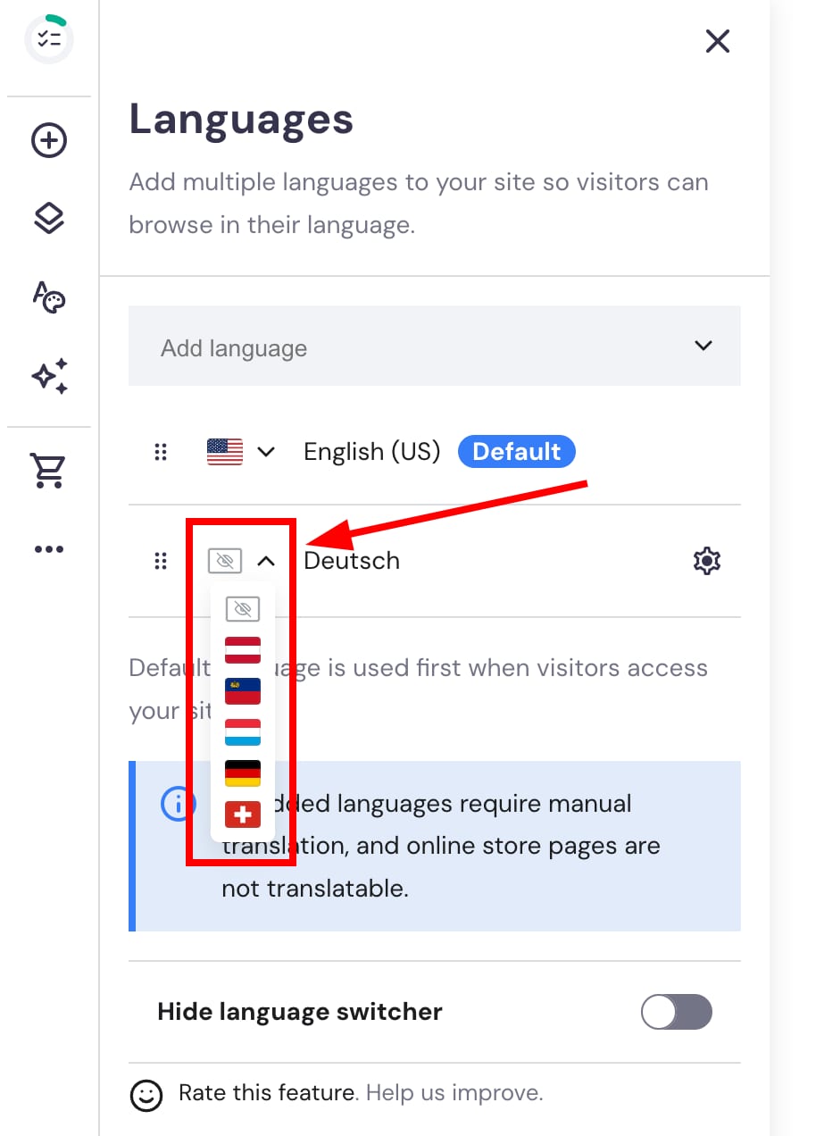 Website Builder Languages menu with highlighted language switcher dropdown for Deutsch and flags
