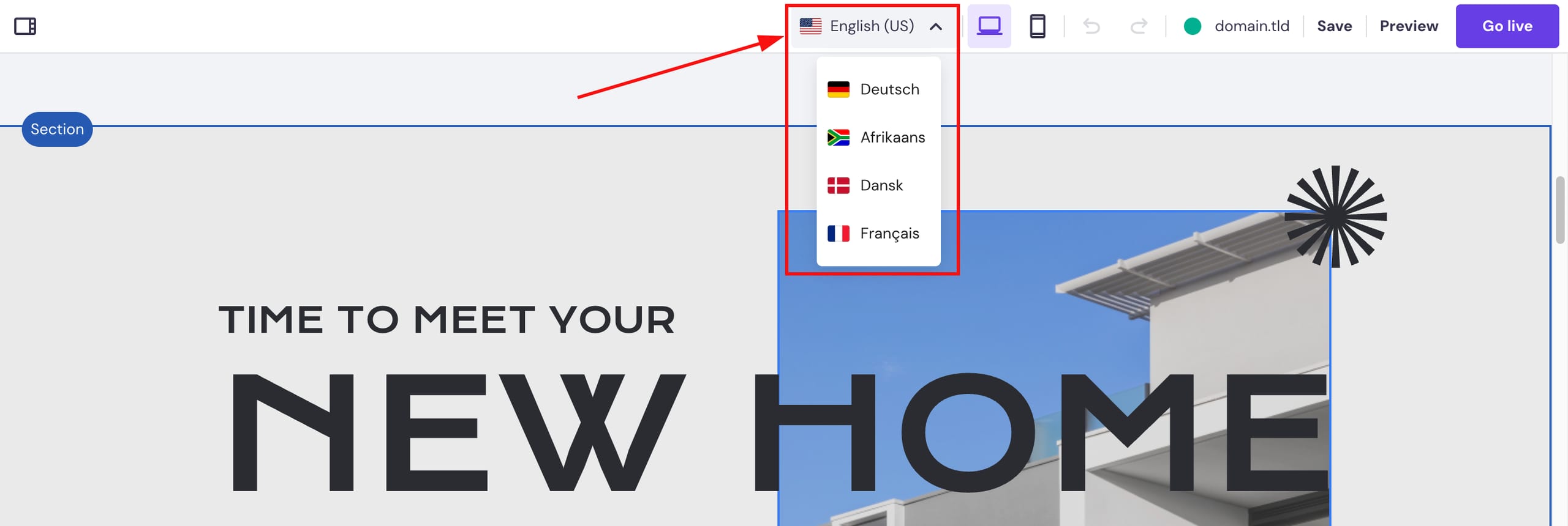 Hostinger Website Builder language dropdown with English (US) and other languages shown