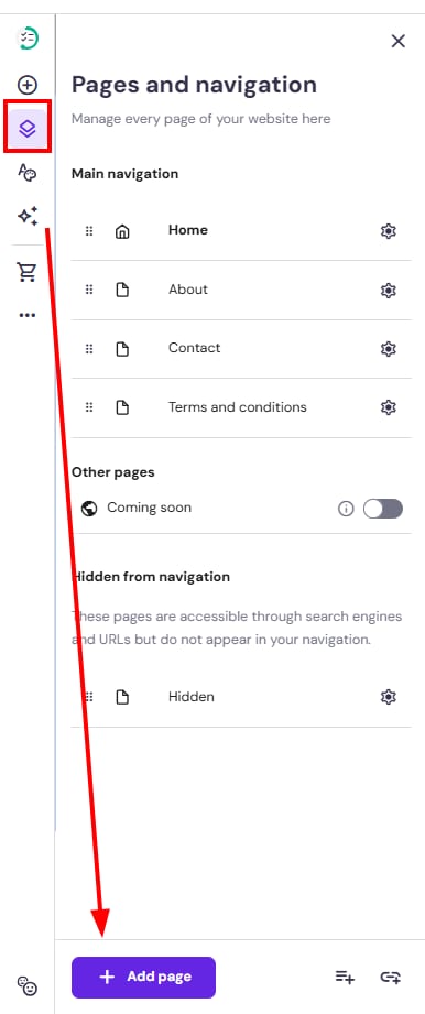 Hostinger Website Builder pages and navigation panel with the Add page button highlighted