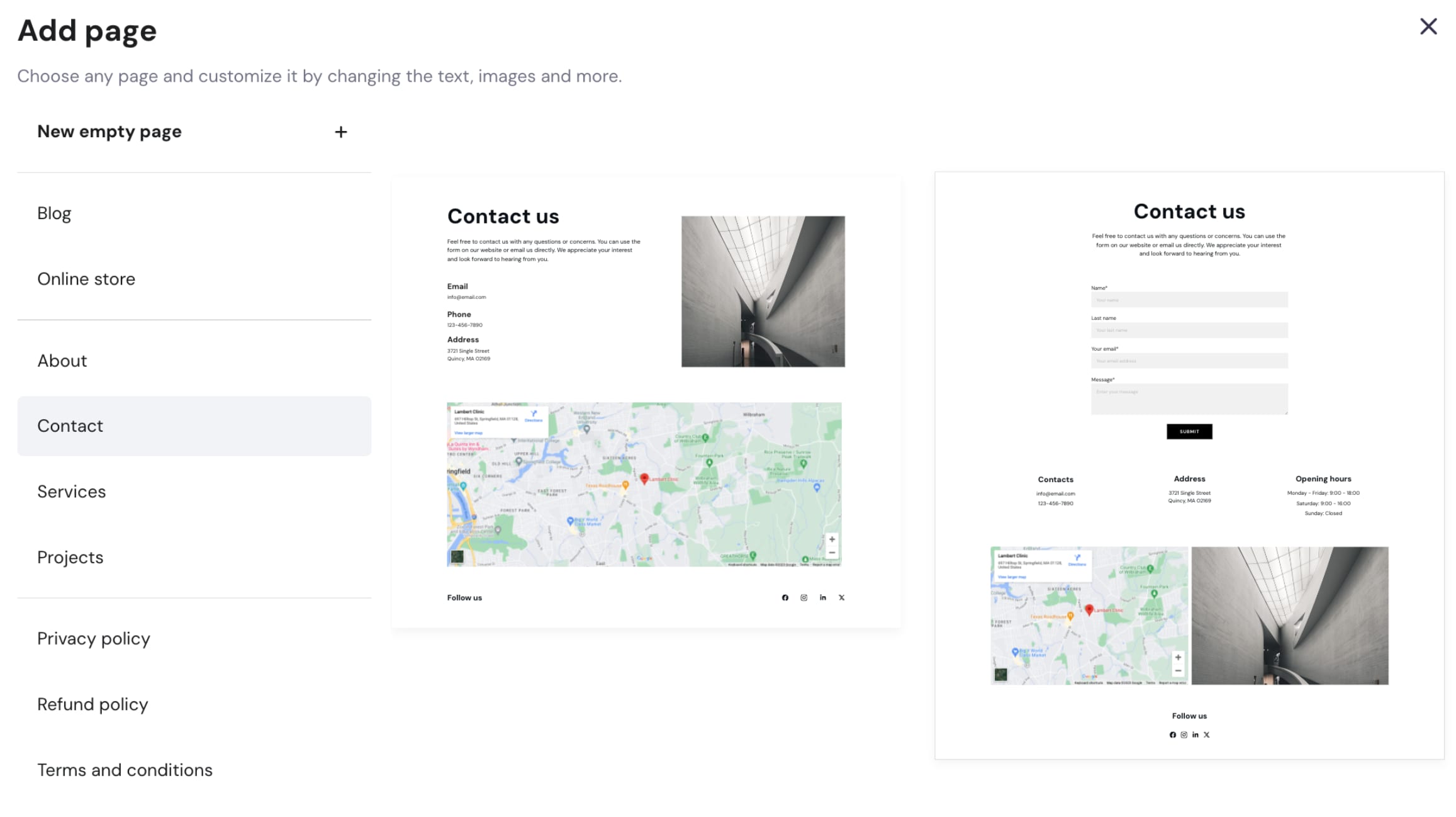 Hostinger Website Builder Add page menu with Contact page template selected