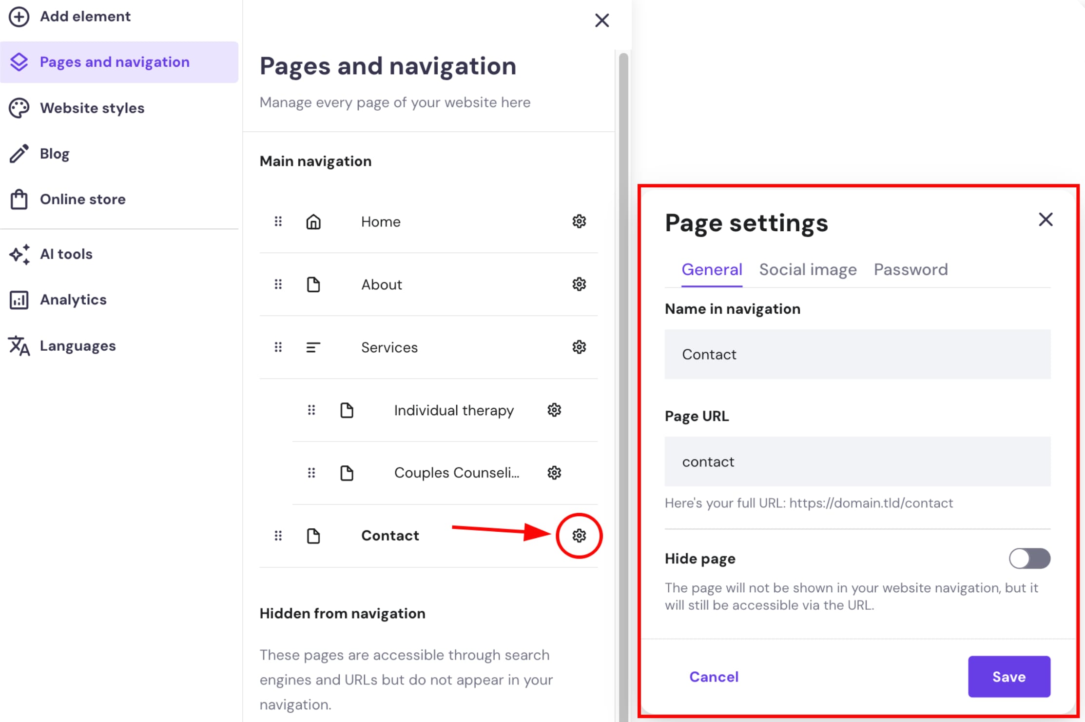 Hostinger Website Builder page settings for Contact page, with the gear icon highlighted