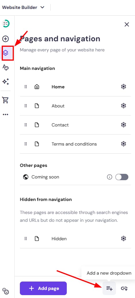 Website Builder Pages and navigation panel with the Add new dropdown button highlighted