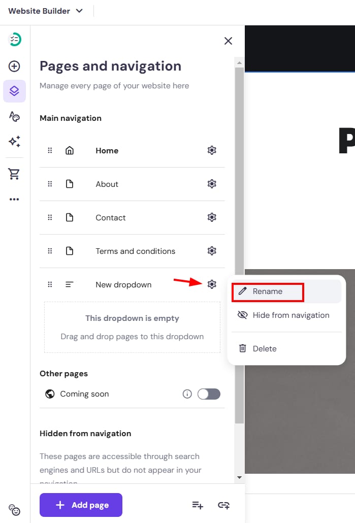 Website Builder pages menu with New dropdown settings open and Rename option highlighted
