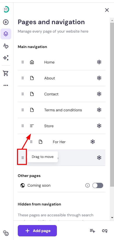 Hostinger Website Builder pages and navigation panel with a drag handle highlighted for moving a menu item