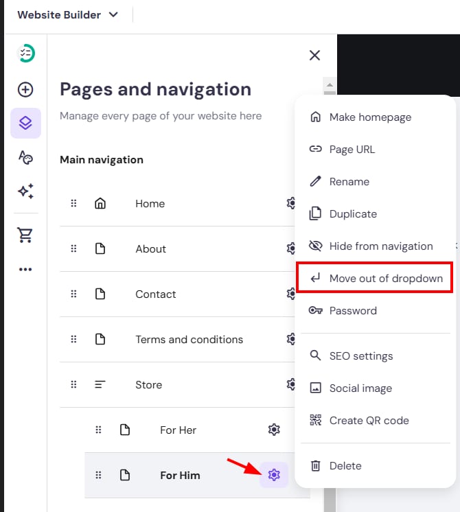 Hostinger Website Builder pages menu open with “Move out of dropdown” option highlighted for a page