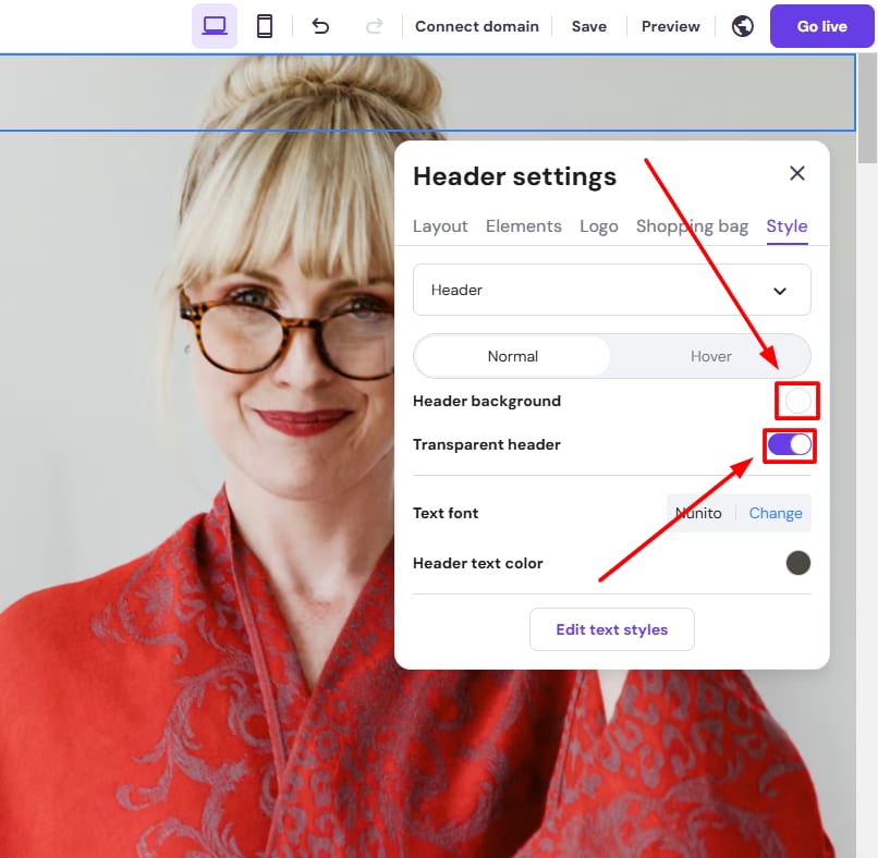 Hostinger Website Builder header settings panel with transparent header toggle highlighted