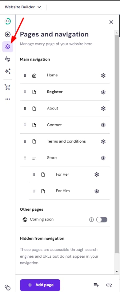 Hostinger Website Builder pages and navigation panel with the pages icon highlighted