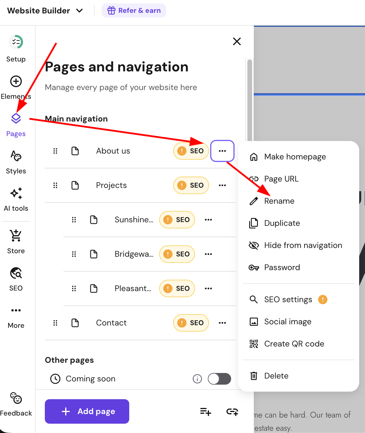Website Builder pages menu with Rename option highlighted in the page actions popup