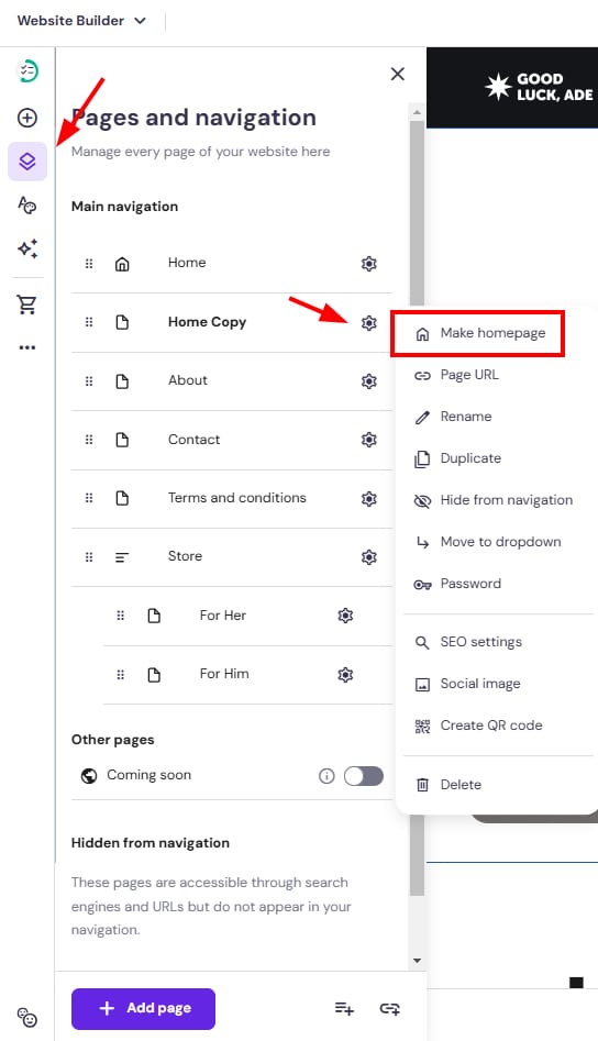 Website Builder pages menu with Home Copy options open and Make homepage highlighted