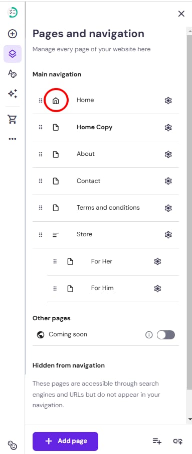 Hostinger Website Builder pages and navigation panel with Home page highlighted in main navigation