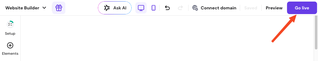 Website Builder editor with the Go live button highlighted in the top right
