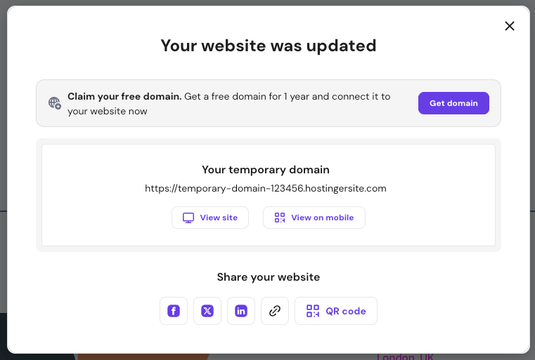 Hostinger website builder publish popup with website updated and temporary domain options