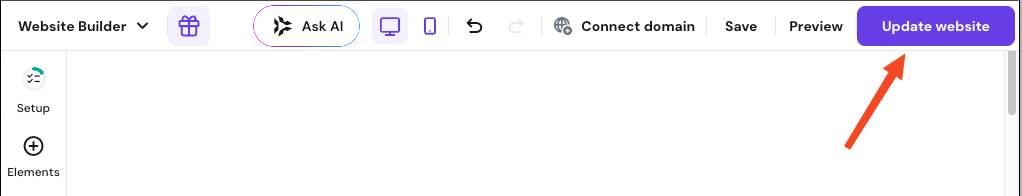 Hostinger Website Builder top bar with Update website button highlighted by an arrow