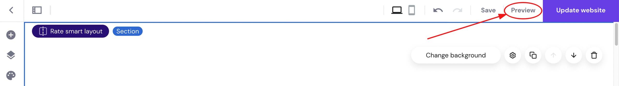 Hostinger Website Builder editor with the Preview button highlighted