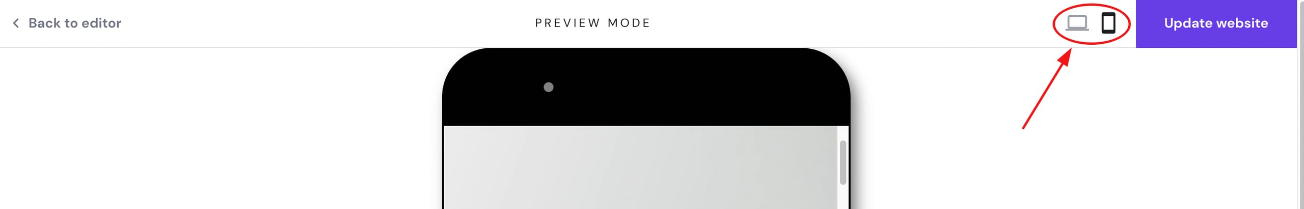 Hostinger Website Builder preview mode with desktop and mobile preview icons highlighted