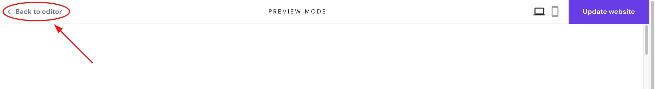 Hostinger preview mode back to editor button highlighted at top left