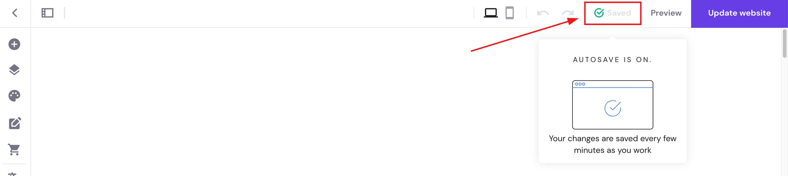 Hostinger Website Builder autosave status showing Saved next to the Update website button