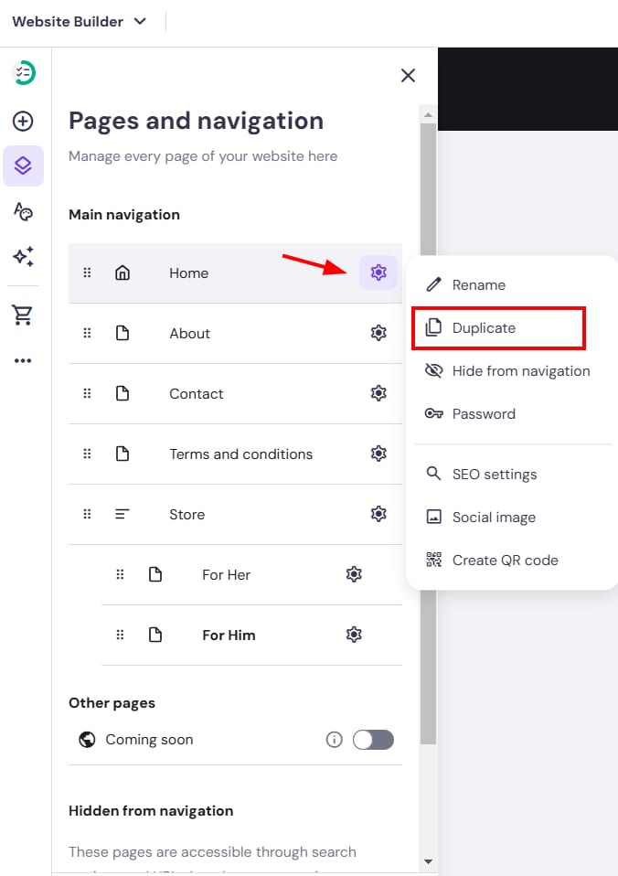 Hostinger Website Builder pages menu with the Duplicate option highlighted in the page settings popup