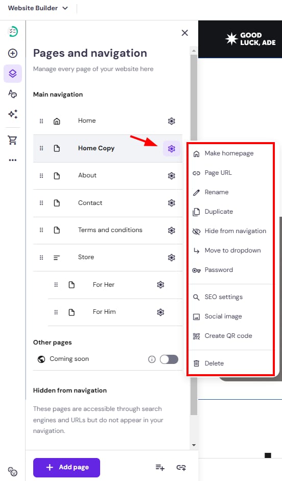 Hostinger Website Builder page settings menu with Duplicate option highlighted