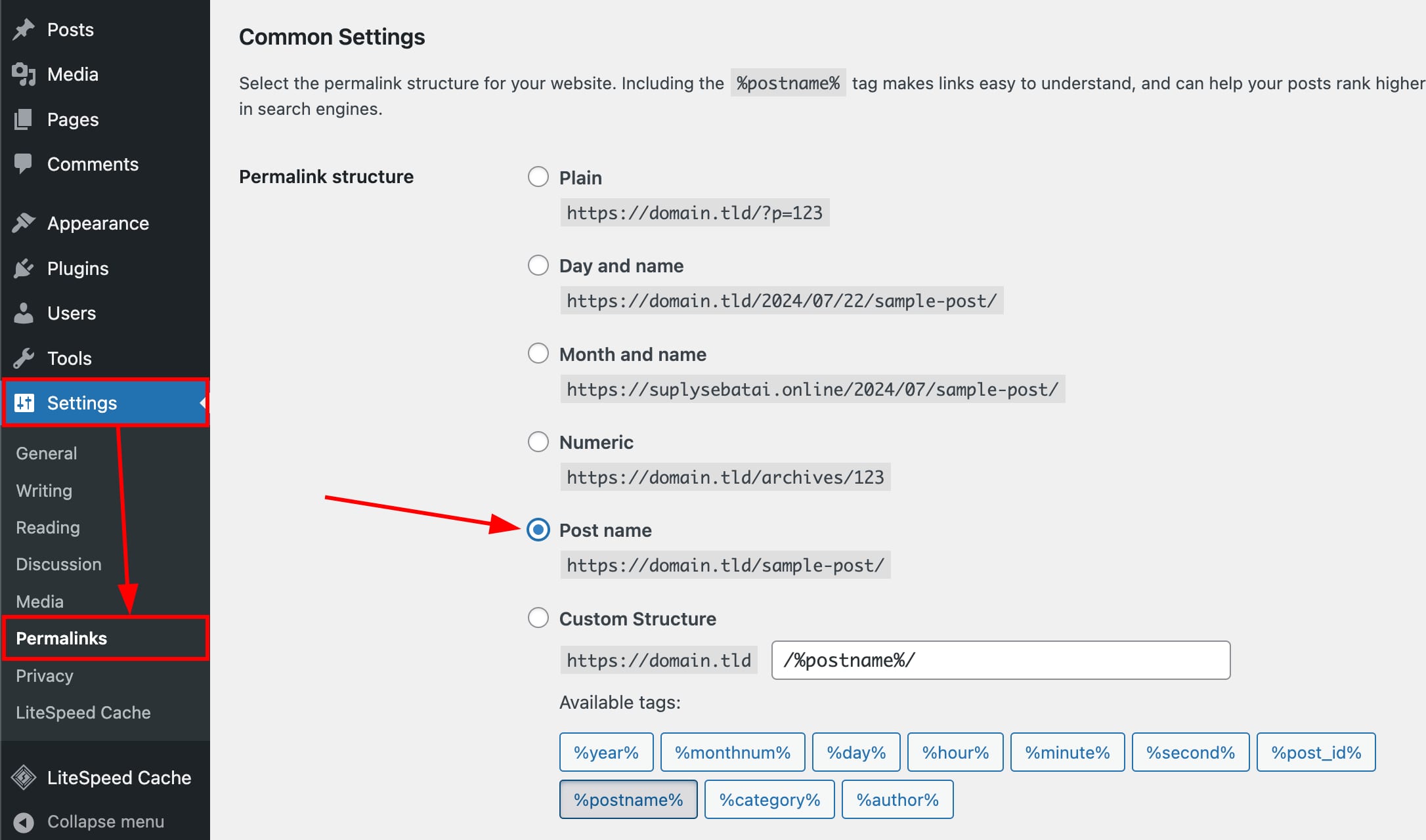 WordPress Permalinks settings with Post name selected in the permalink structure options