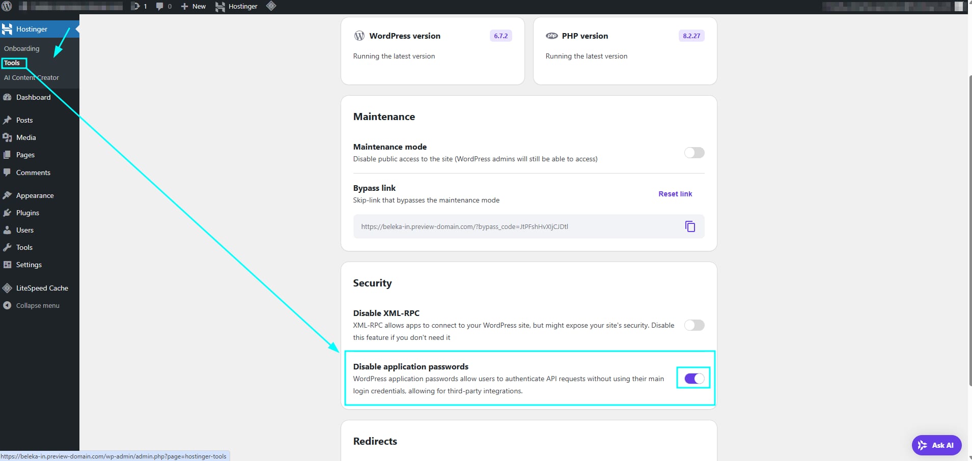 WordPress Tools page with Disable application passwords toggle highlighted in Security section
