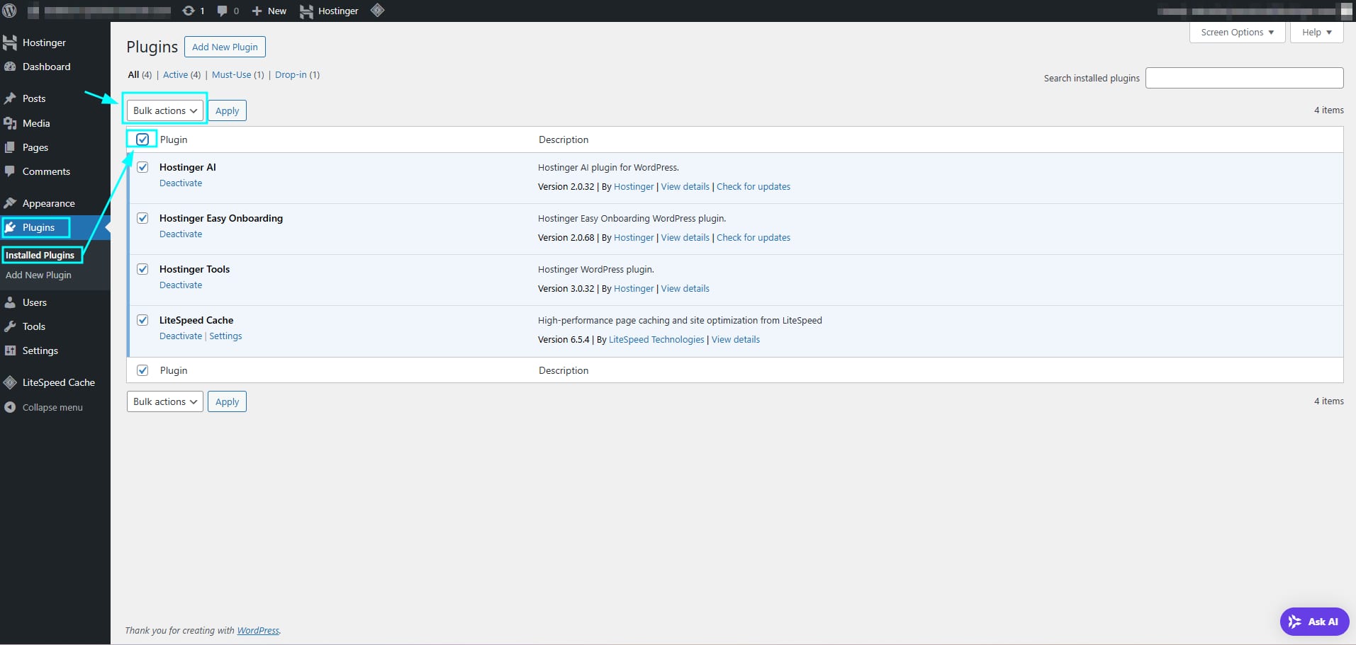 WordPress plugins page with Bulk actions dropdown and select-all checkbox highlighted