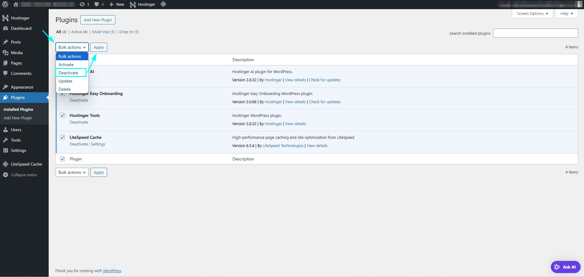 WordPress Plugins page with the Deactivate option highlighted in the Bulk actions menu