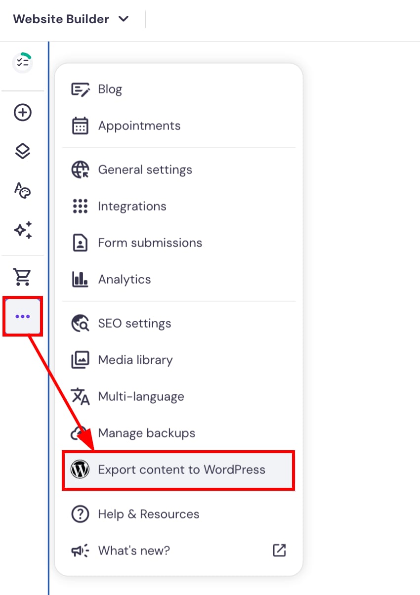 Website Builder more menu open with Export content to WordPress highlighted
