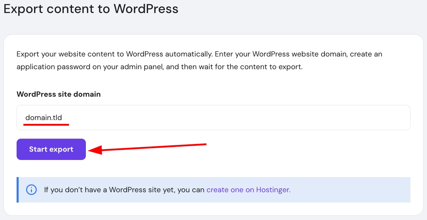 Hostinger Website Builder export form with domain field and highlighted Start export button