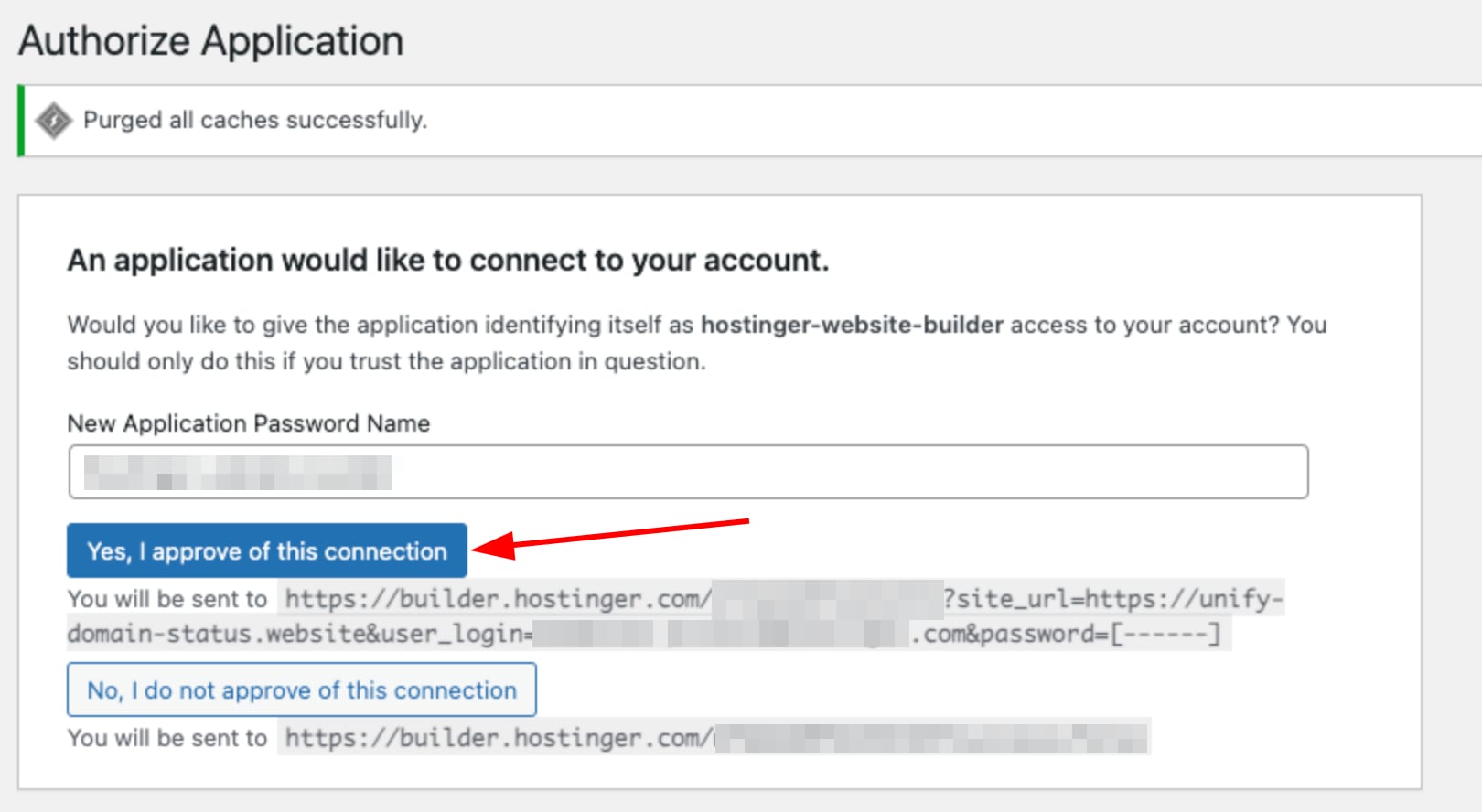 Hostinger Website Builder authorization dialog with the “Yes, I approve of this connection” button highlighted