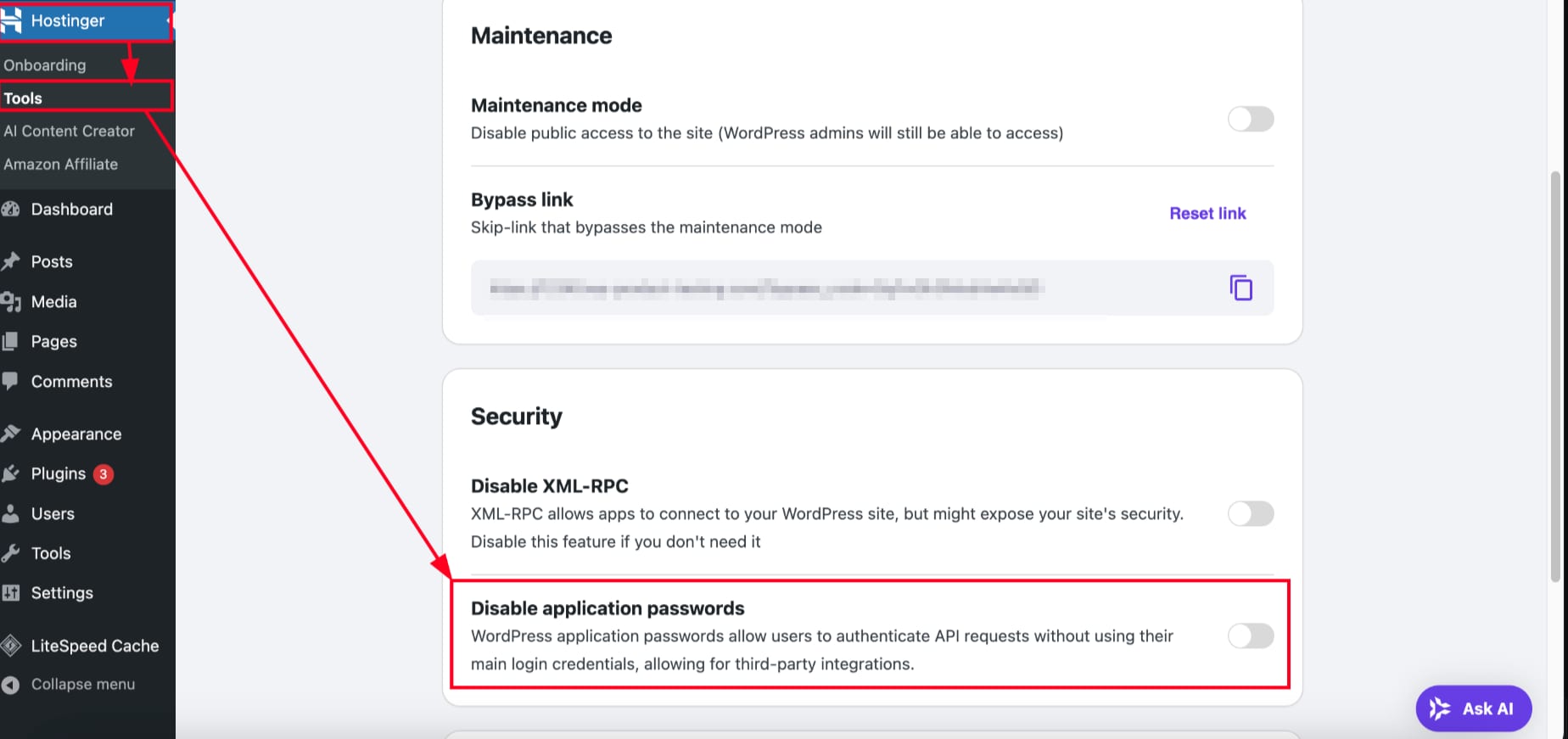 WordPress settings with Disable application passwords toggle highlighted