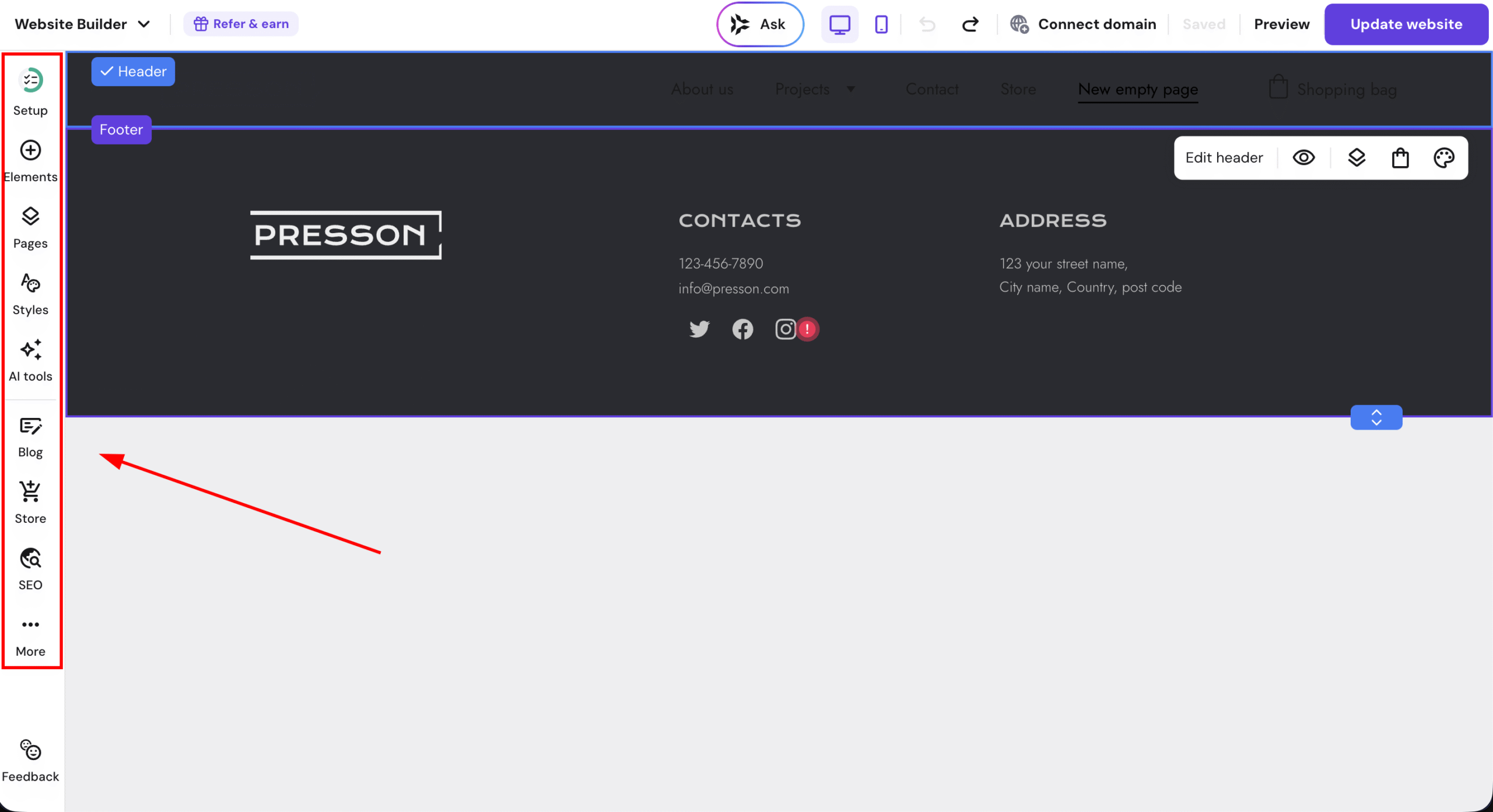 Website builder sidebar with Setup selected and a red arrow pointing to the blank page area