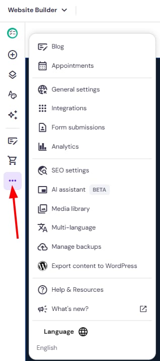 Hostinger Website Builder side menu with the More options button highlighted and open dropdown menu