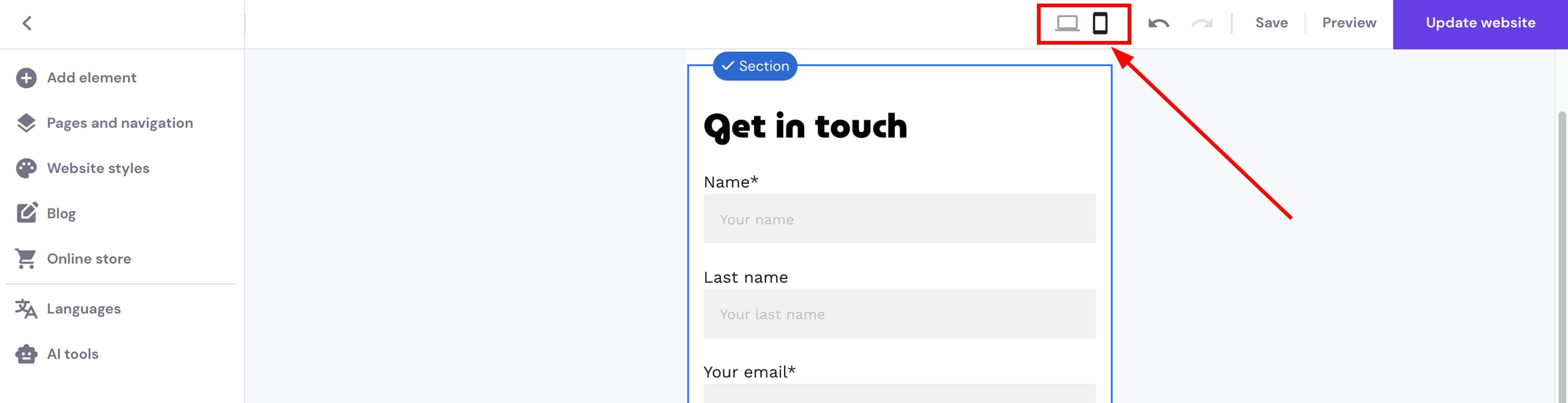 Website Builder section selected with desktop and mobile preview icons highlighted