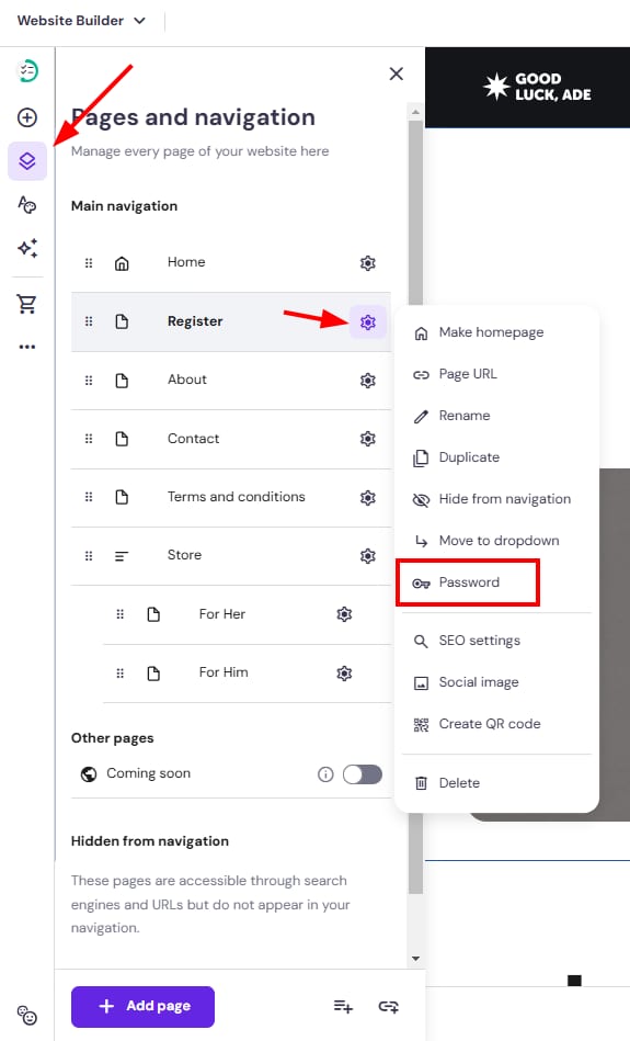Website Builder page settings menu with the Password option highlighted