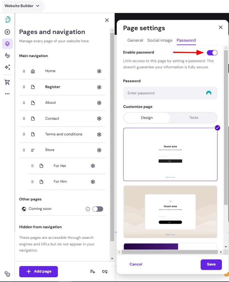 Hostinger Website Builder page settings with the Password tab open and the enable password toggle highlighted