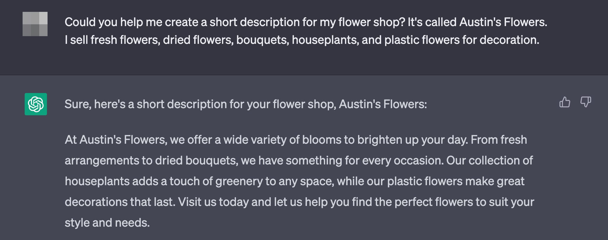ChatGPT response generating a short flower shop description for Austin's Flowers