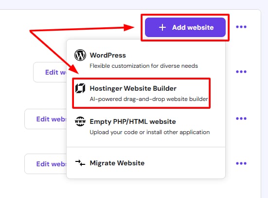 Hostinger Website Builder option in the Add website menu highlighted