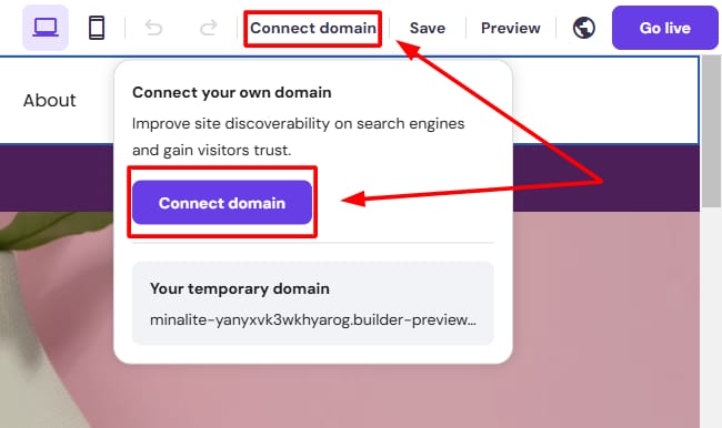Hostinger Website Builder connect domain button highlighted in the top toolbar and popup