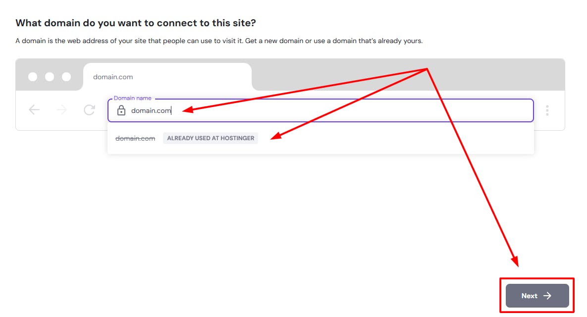 Hostinger Website Builder domain field with domain.com entered and Next button highlighted