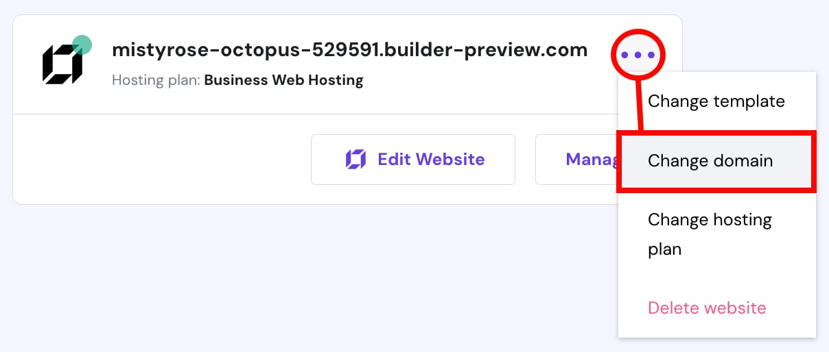 Hostinger Website Builder menu with the Change domain option highlighted