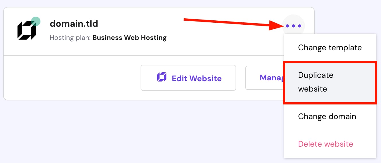 Hostinger Business Web Hosting menu with Duplicate website option highlighted